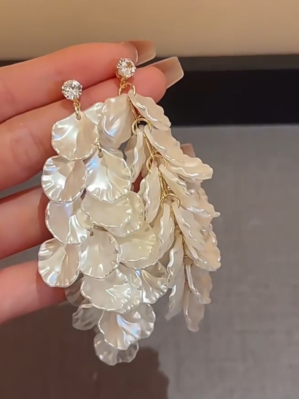 Pearl White Petal Chandelier Earrings - Picture 3 of 4